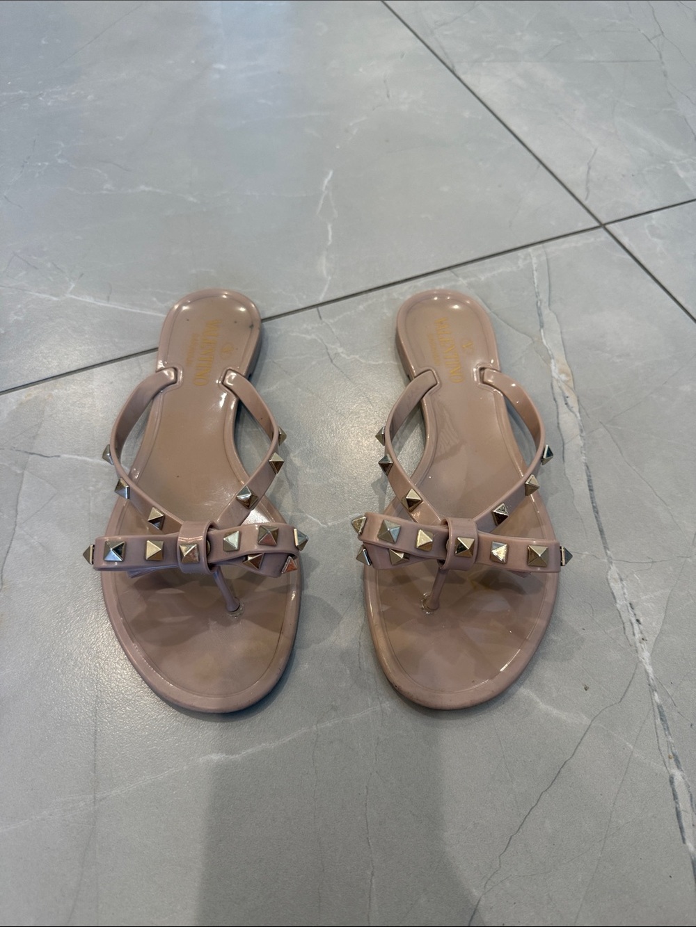 Valentino Nude Studded Bow Thong Sandals